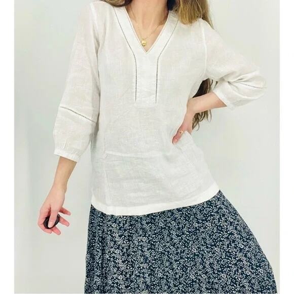 Joie Tops - Joie | White 100% Linen Eyelet Detail V-neck 3/4 Sleeve Casual Tunic Top